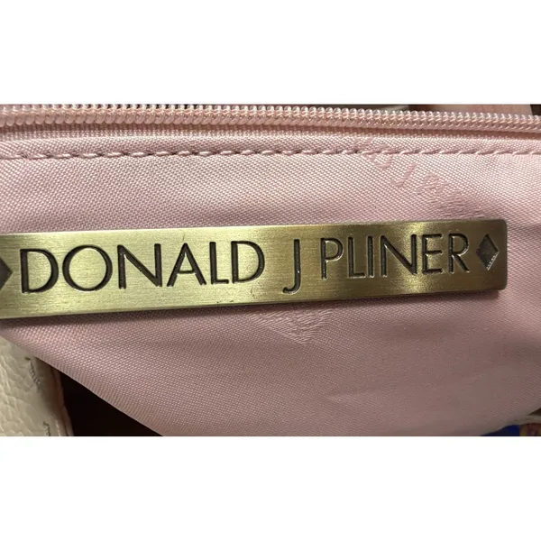 Donald J Pliner Beige Pebbled Leather Whipstitch Hobo Shoulder Bag Brass Ring - Image 7
