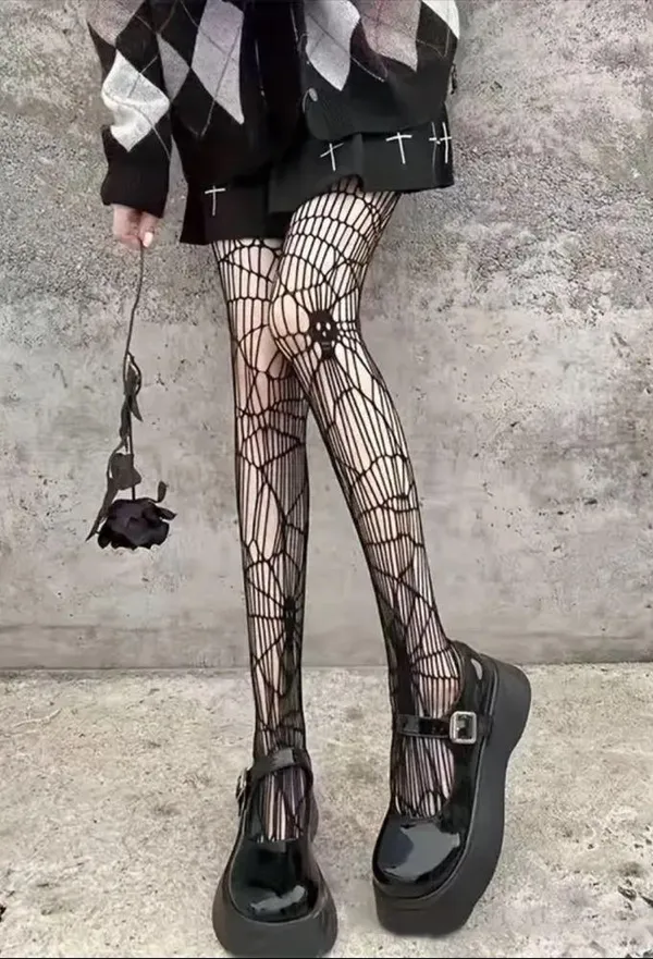 Black Gothic Skull Pattern Fishnet Tights Sexy Hollow Out Mesh Pantyhose OneSize - Image 8