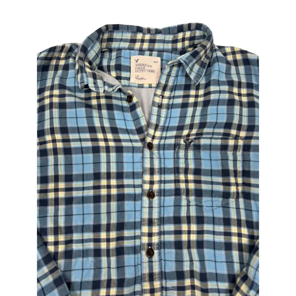 American Eagle Oversized Grunge Plaid Flannel Shirt Women's Large Blue‎ - Image 3