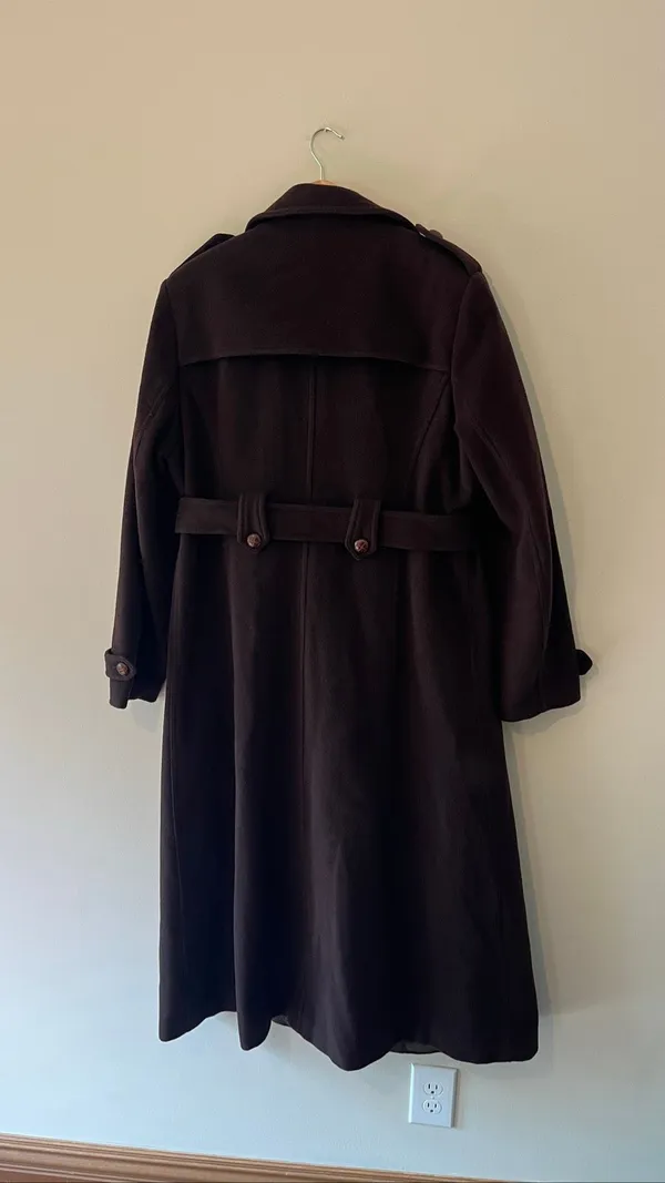 Vintage Oleg Cassini Dark Brown Wool Trench Coat Belted Double Breasted L 12 Y2 - Image 4