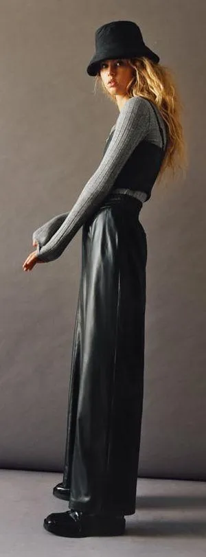 ZARA Black Faux Leather Wide Leg Pants Trousers - Image 9