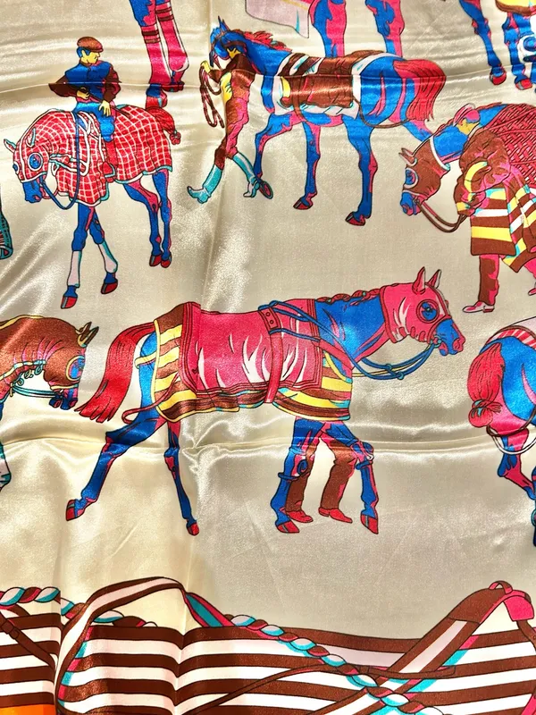 Vintage classic EQUESTRIAN horses PRINT ORANGE/ off white SQUAR SILK SCARF 35/35 - Image 6