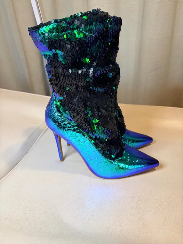 Liliana Iridescent Blue-Green Sequin Pointed Stiletto Boots - Image 2