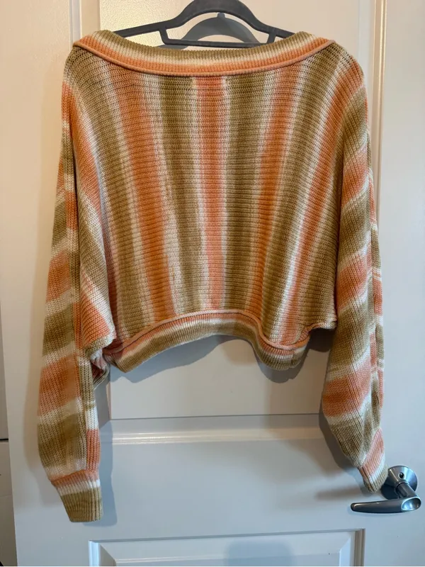 Urban Outfitters Striped Off-Shoulder Sweater in Peach, Cream & Olive - Image 4
