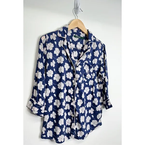 Lauren Ralph Lauren Pajama‎ Shirt Floral Small Blue/Pink Collared - Image 2