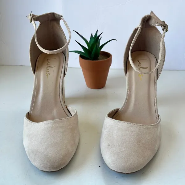 Lulu's Ankle Strap Block Heels Womens Shoes Size 9 Blush Pink Gold Faux Suede - Image 6