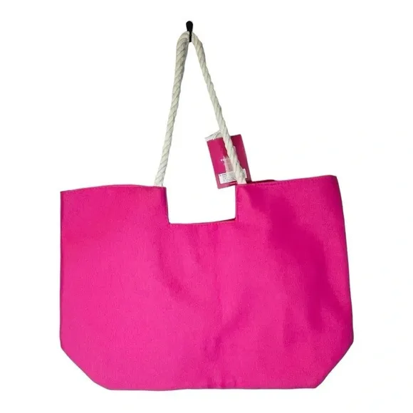 Sunglow Style Beach Tote Bag Womens‎ NWT Pink Chenille Patch Rope Handle Summer - Image 3