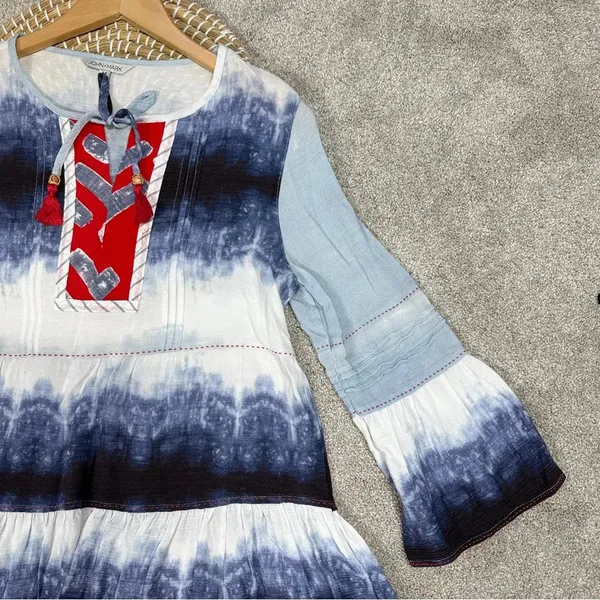 John Mark Ombre Tie Dye Tiered Blouse Tunic Peasant Tassel Artsy Bell Sleeve M - Image 6