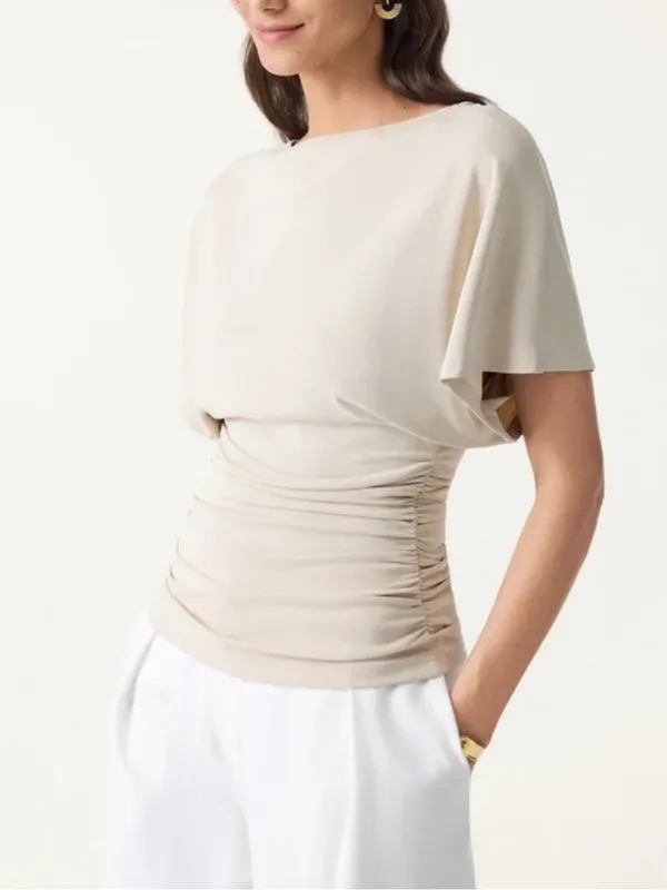 NWT Women’s OGL Short Sleeve Draped Ruched Tee Top Beige Size M - Image 2
