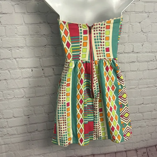 Judith March bold neon funky geo printed strapless midi dress cotton Small chic - Image 9