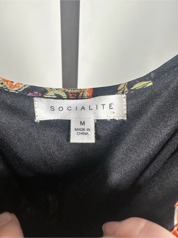 Socialite X331. Boho Paisley Peasant Mini Dress - Black with Peach Accents - Image 2