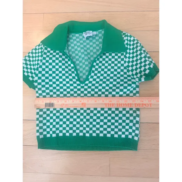Princess Polly Green Checkered Knit Polo Top Short Sleeve V-Neck Cropped S/M - Image 3