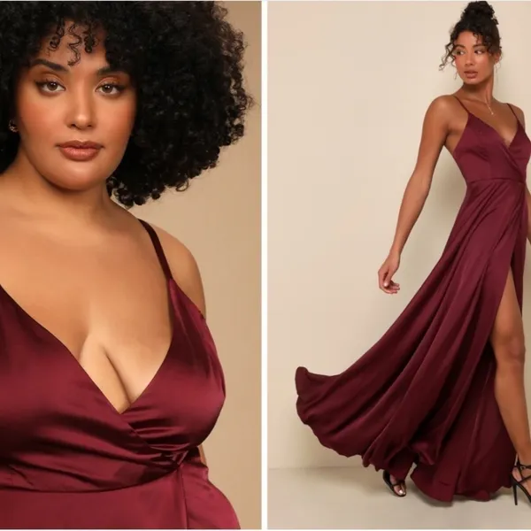 LULU's Prom Wedding Bridesmaid Burgundy Satin Thigh Slit Gown - Image 2