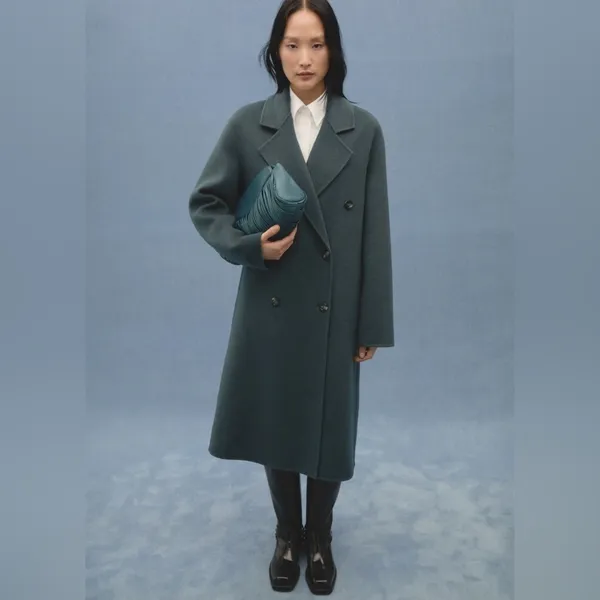Mango wool coat oversized charcoal long handmade lapel vneck collar pockets - Image 2