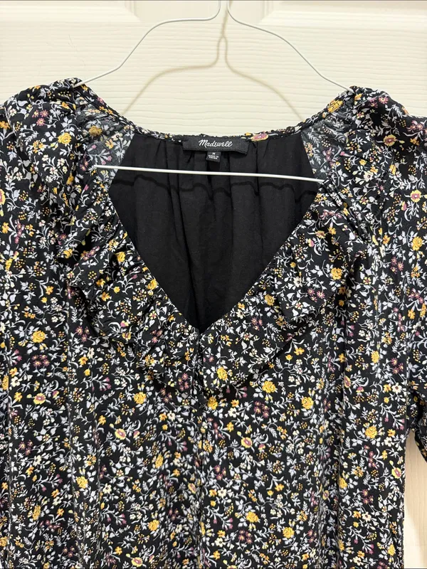 Madewell Floral Ruffle Neck Short Sleeve Dress Black Multicolor Medium Mini - Image 2