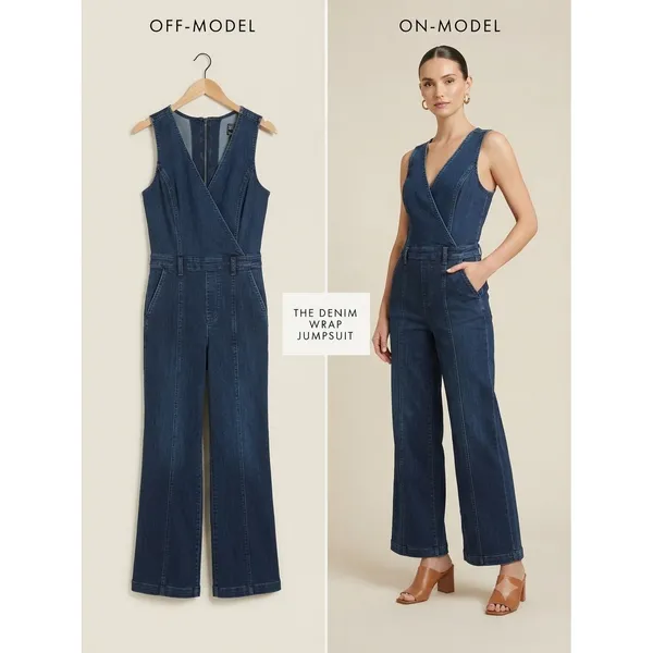Guess‎ Jumpsuit Women Large Blue Denim Wrap Wide Leg Sleeveless V-Neck Casual - Image 2