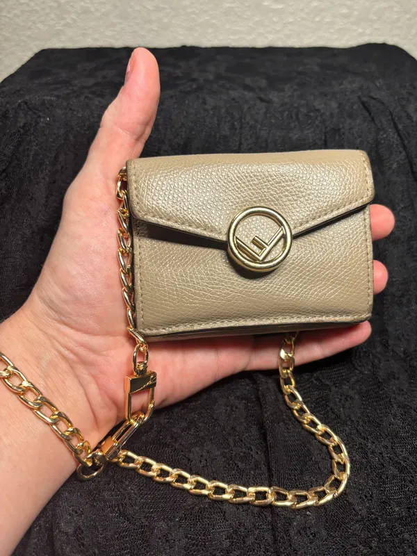 Fendi Tortora Gray Leather F Is Fendi Micro Trifold Wallet Chain Card Case Italy - Image 2