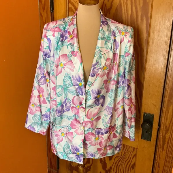 Vintage 80s 90s Floral Blazer Pastel Pink Purple Teal Lightweight Jacket Retro - Image 5