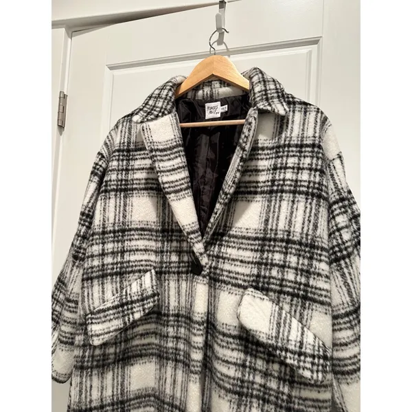 Princess Polly Eleri Plaid‎ Coat Gray White Checkered Longline Jacket XS/S - Image 3