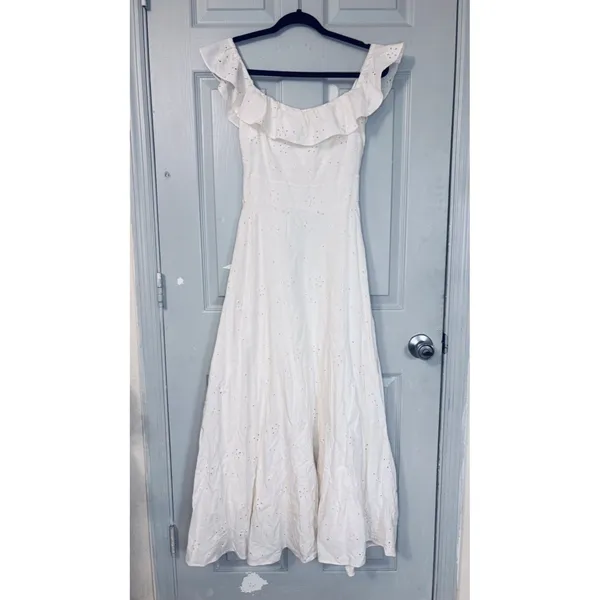 Zara eyelet off shoulder ivory midi cottage women’s dress smocked runs small* - Image 7