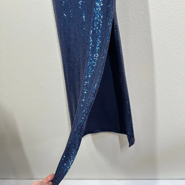 Bebe Women's Size Small Navy Blue Sequin Scoop Neck Maxi Dress Side Slit Party - Image 8