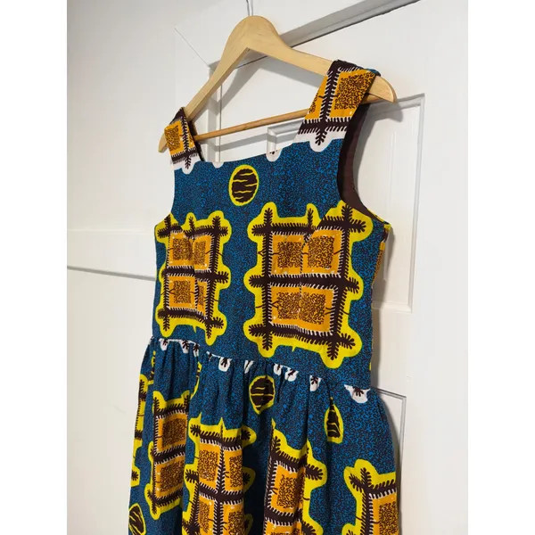 African Wax Print Fit and Flare Dress Blue Yellow Geometric Square Neck - Image 6