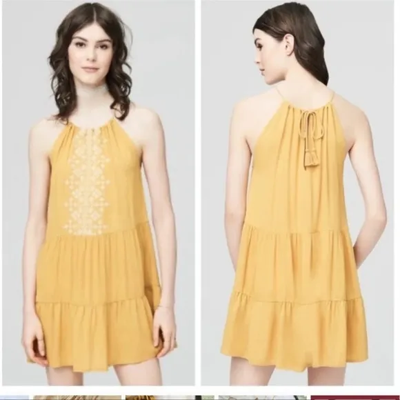Aeropostale Yellow Embroidered Mini Dress With Tie back and Tassels // s… - Image 2