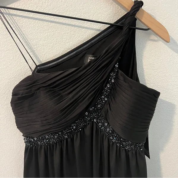 Adrianna‎ Papell Boutique Elegant Satin Black Beaded One-Shoulder Babydoll Dress - Image 2