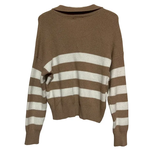Jessica Simpson Women's Tan White‎ Striped V-Neck Sweater with Collar Size L - Image 2