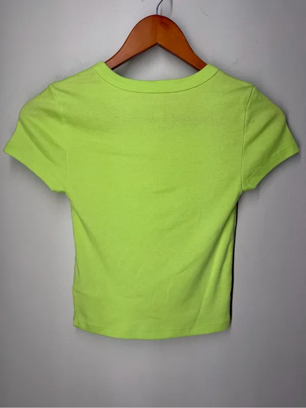 American Eagle Take It Easy Turtle‎ Graphic Baby Tee Neon Green Y2K Fitted Top - Image 6