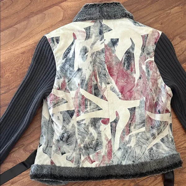 Phosphorus Leather Printed Knit Fur Trim Jacket Size Small - Image 10