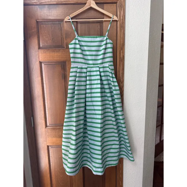 ENGLISH FACTORY Pleated Stripe Midi Dress in Green Stripe Size Medium - Image 4