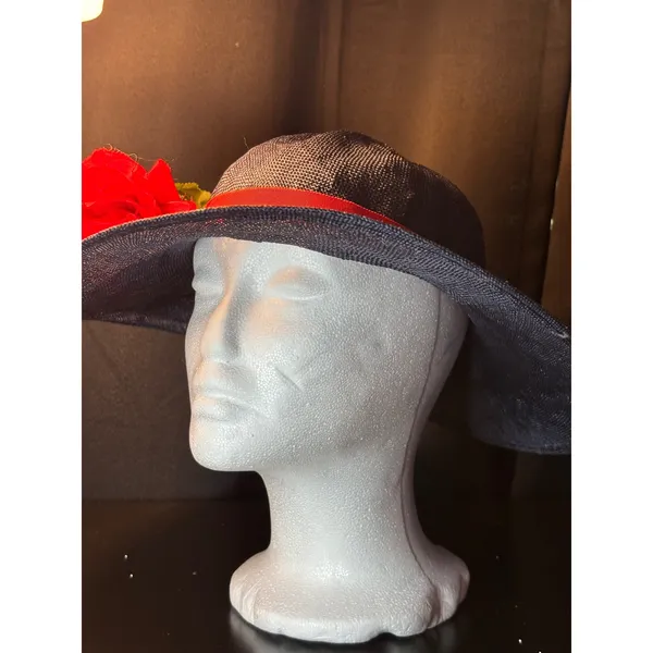 Career Collection Navy Blue Wide Brim Sun‎ Hat Red Rose Accent Straw Style Hat - Image 5