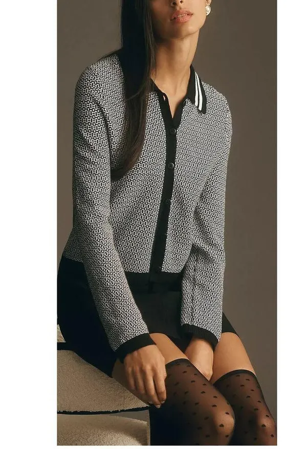 Anthropologie Maeve Preppy Black/White Cropped Plunging Polo Cardigan Size Small - Image 13