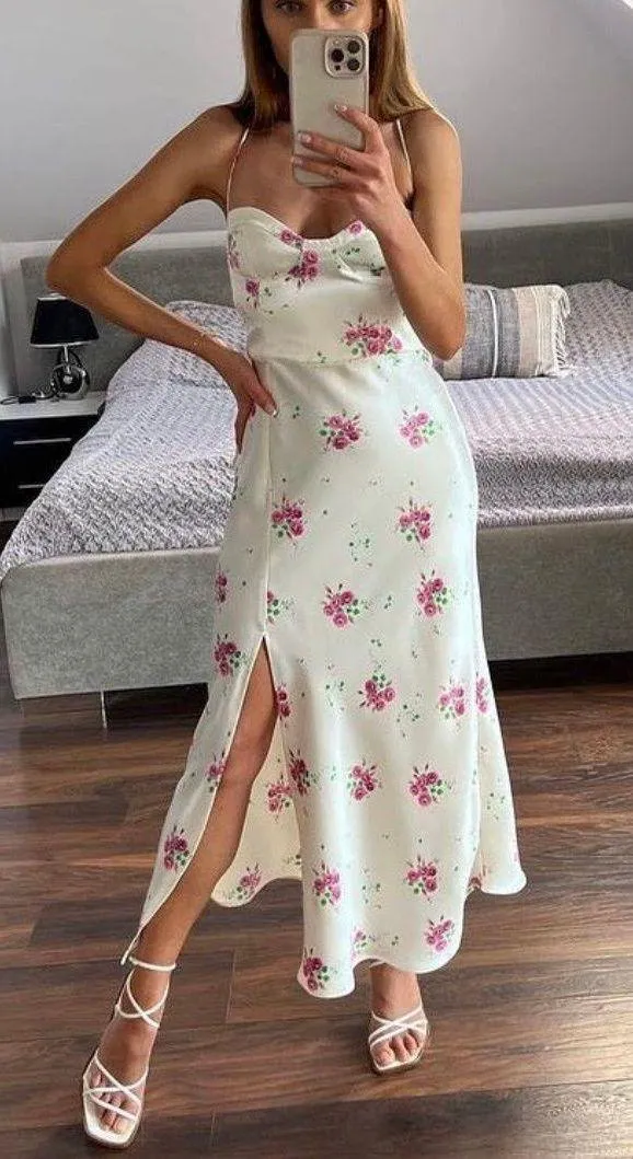 Zara dress midi corset like floral satin effect open back wedding summer party - Image 8