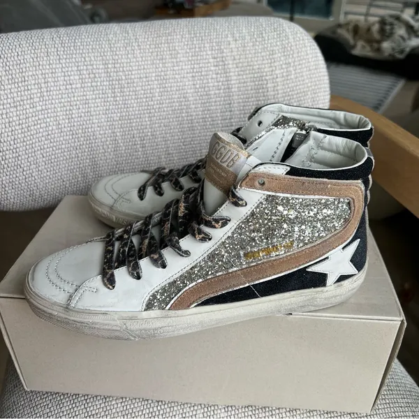 Golden Goose Slide Mid Top Mids Slides Glitter Leather Sneakers NIB - Image 4