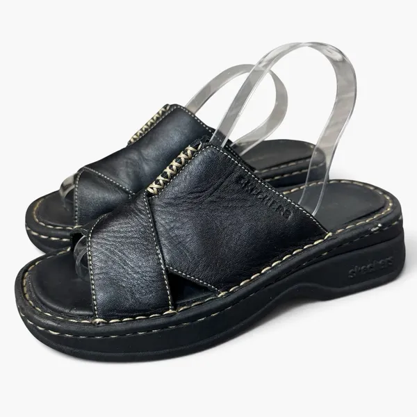 Vintage Y2K Skechers Black Leather Chunky Platform Slide Sandals Size 6 Grunge - Image 2