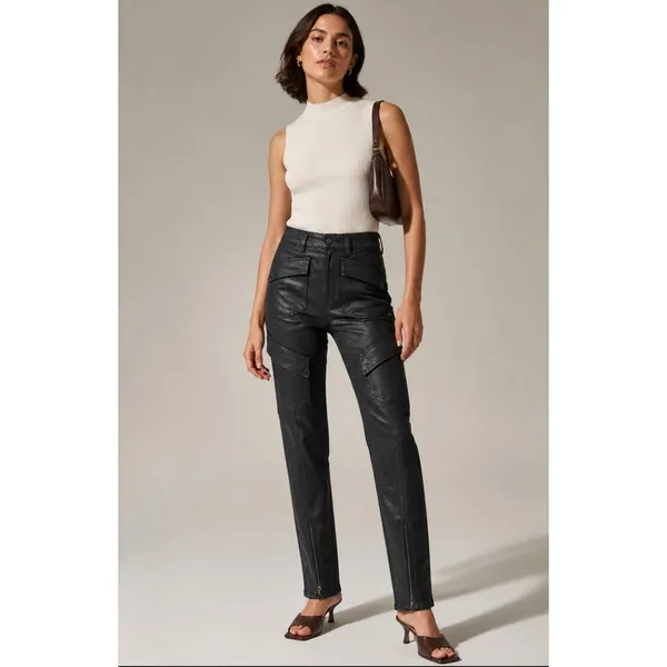 PAIGE Stella Black Coated Cargo Straight Leg Pants Size‎ 23 - Image 3