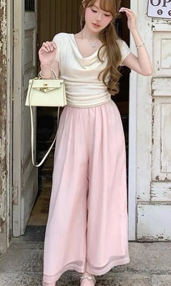 Japanese Kawaii Cream Beige Summer Knitted Cowl Neck Blouse Shirt Top - Image 8