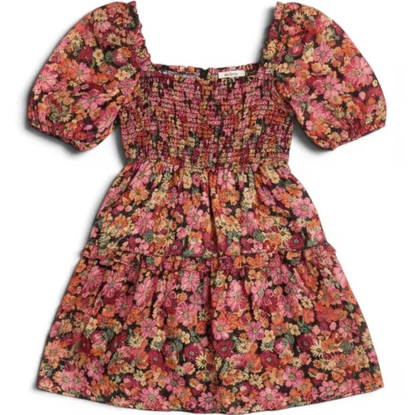 Very J Floral Smocked Mini Dress Pink Orange Square‎ Neck Puff Sleeve Small NEW - Image 2