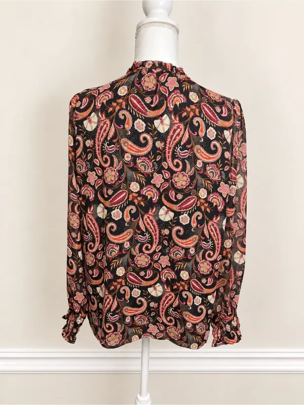 LOFT Paisley Ruffle Neck Long Sleeve Blouse Black Pink Boho Women’s Small - Image 6