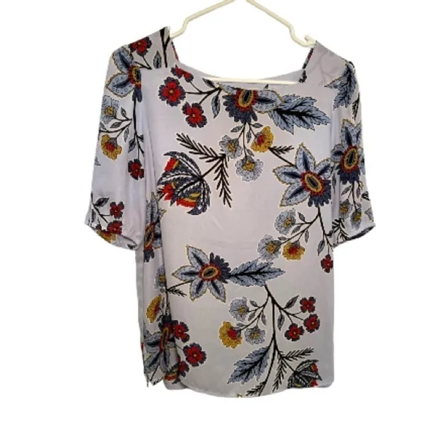 Loft Women's Size Small Square Neck Blouse‎ Light Blue Floral Red Gold White - Image 3