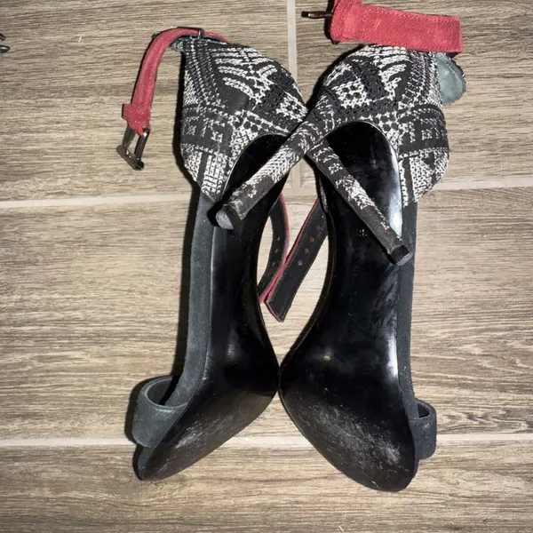 Barbara Bui black‎ suede heels Black White patterned Back Red ankle strap 38.5 Size 8.5 - Image 6
