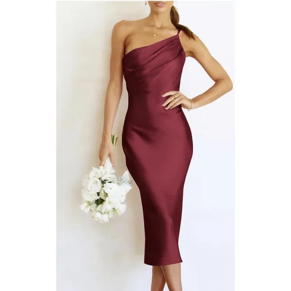 PRETTYGARDEN Women's Midi Satin One Shoulder Spaghetti Strap Dress Small - Image 2