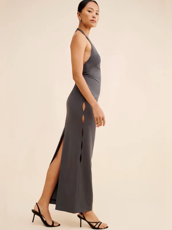 Liv Foster Stretch Crepe Halter Column Gown Grey Size 8 NWT - Image 2