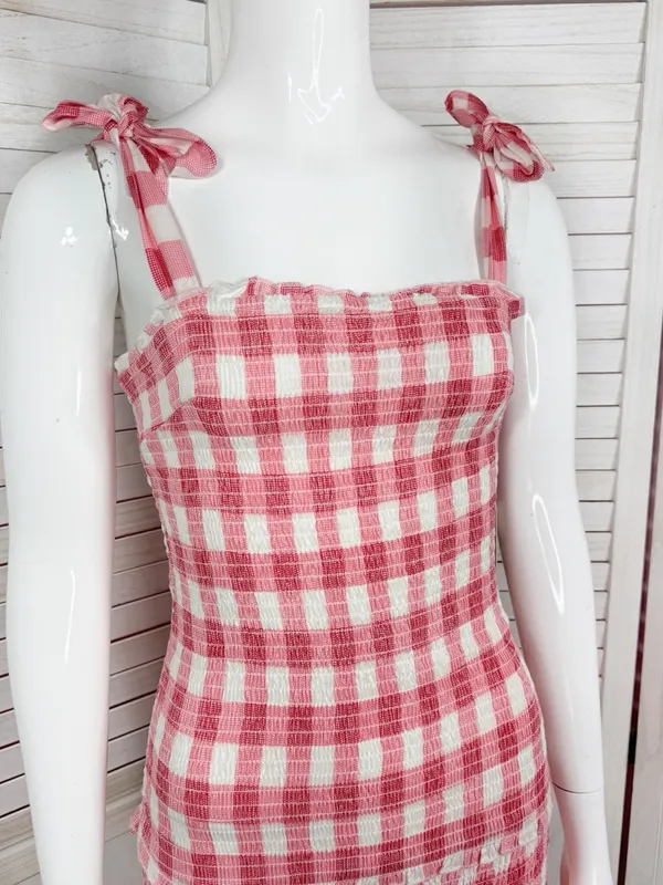 Sincerely Jules Gingham‎ Check Smocked Ruffle Mini Dress Red White Medium Preppy - Image 6