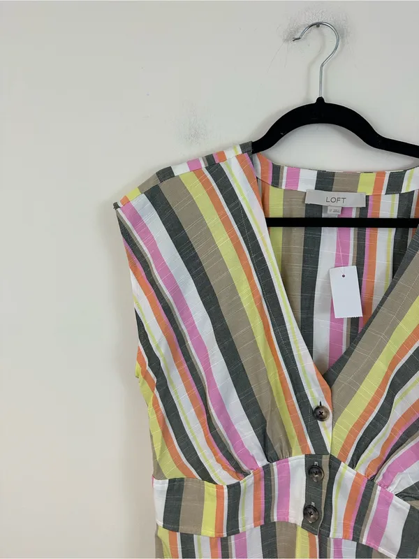 LOFT Multicolor Striped Button-Front V-Neck Dress Midi Length Size 12 NWT - Image 3