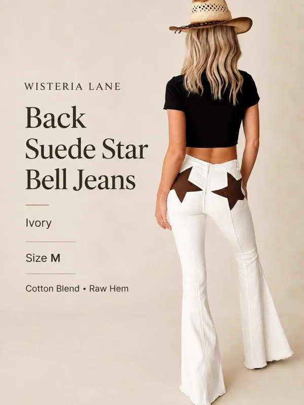 Wisteria Lane Back Suede Star Bell Jeans Size M Ivory Western Boho‎ Flare - Image 2