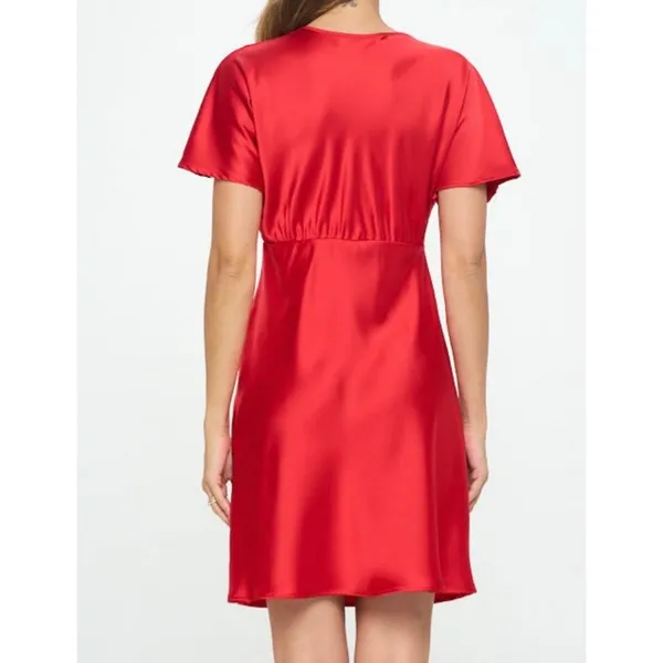 Renee C Satin Deep V-Neck Flutter Sleeve Mini Dress Red Large Cocktail $176‎ - Image 2