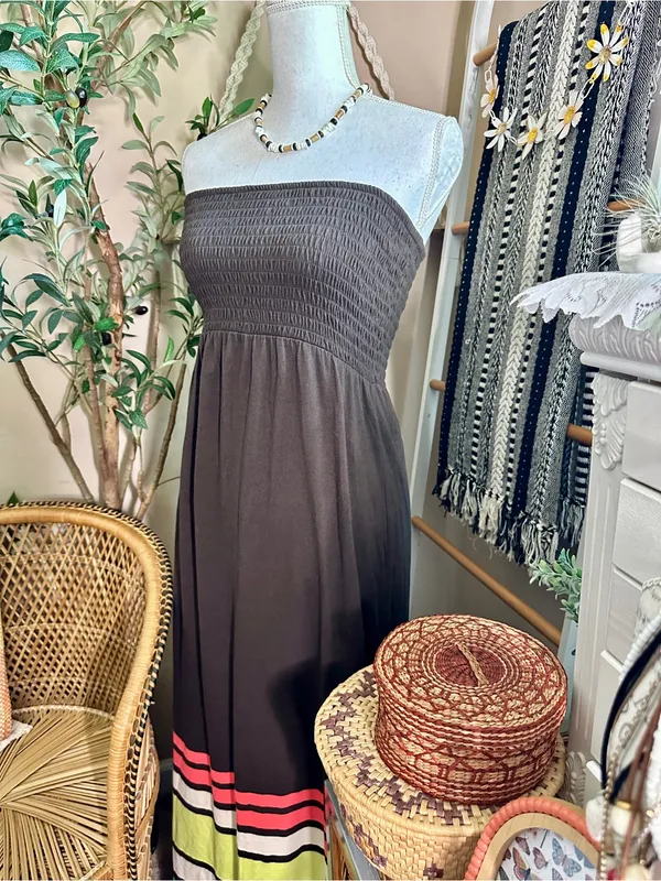 Gap Brown Strapless Smocked Maxi Dress Color Block Built-In Bra Medium - Image 2